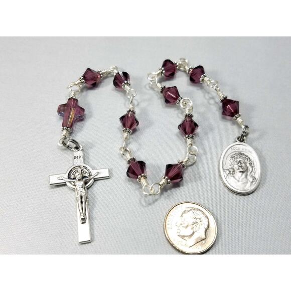 Ecce Homo One Decade Rosary Purple Swarovski Cross St. Benedict Crucifix - Picture 2 of 10